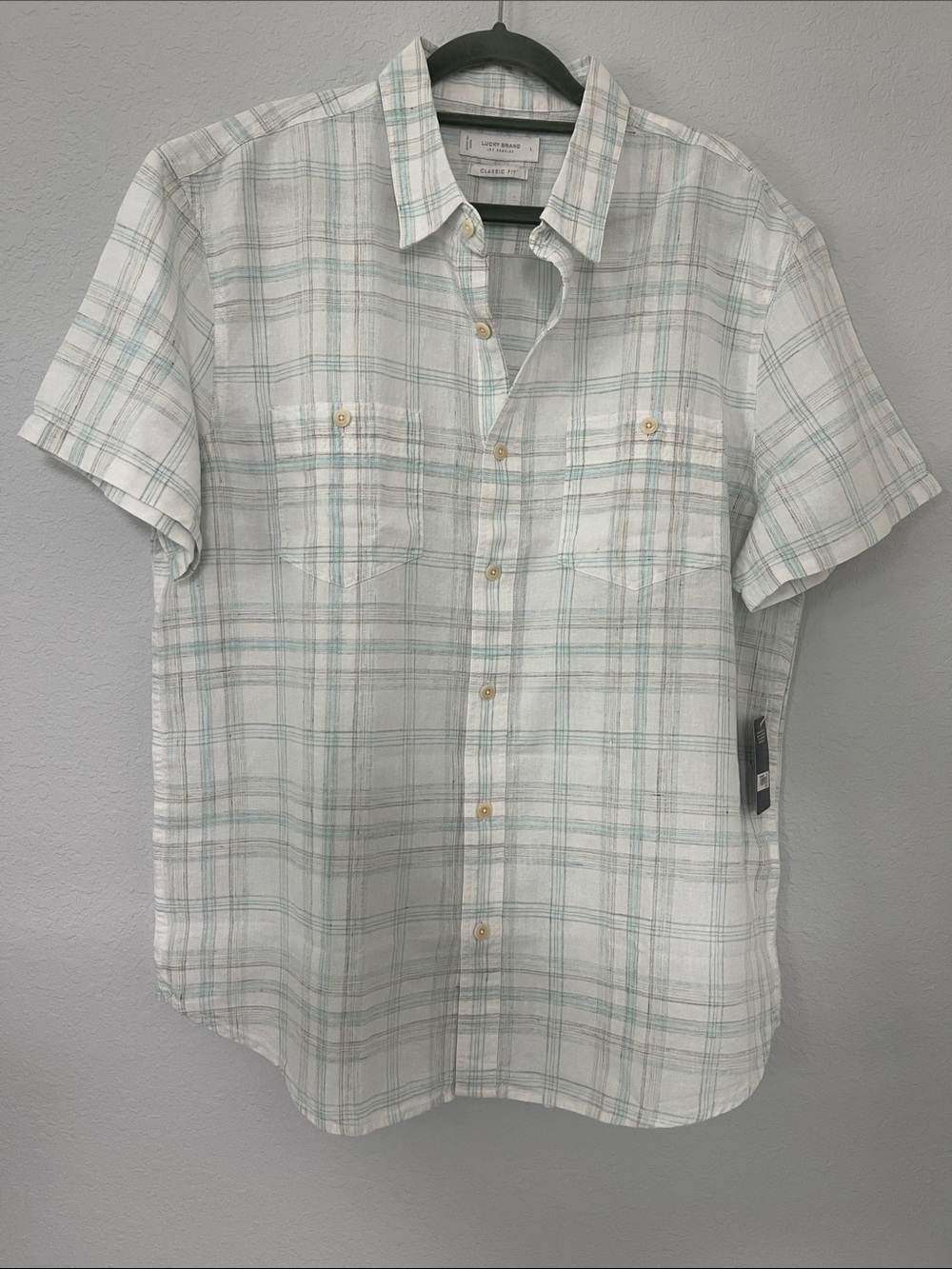 Lucky Brand NWT Linen Blend Plaid Short Sleeve Button Front Men’s L Classic Fit